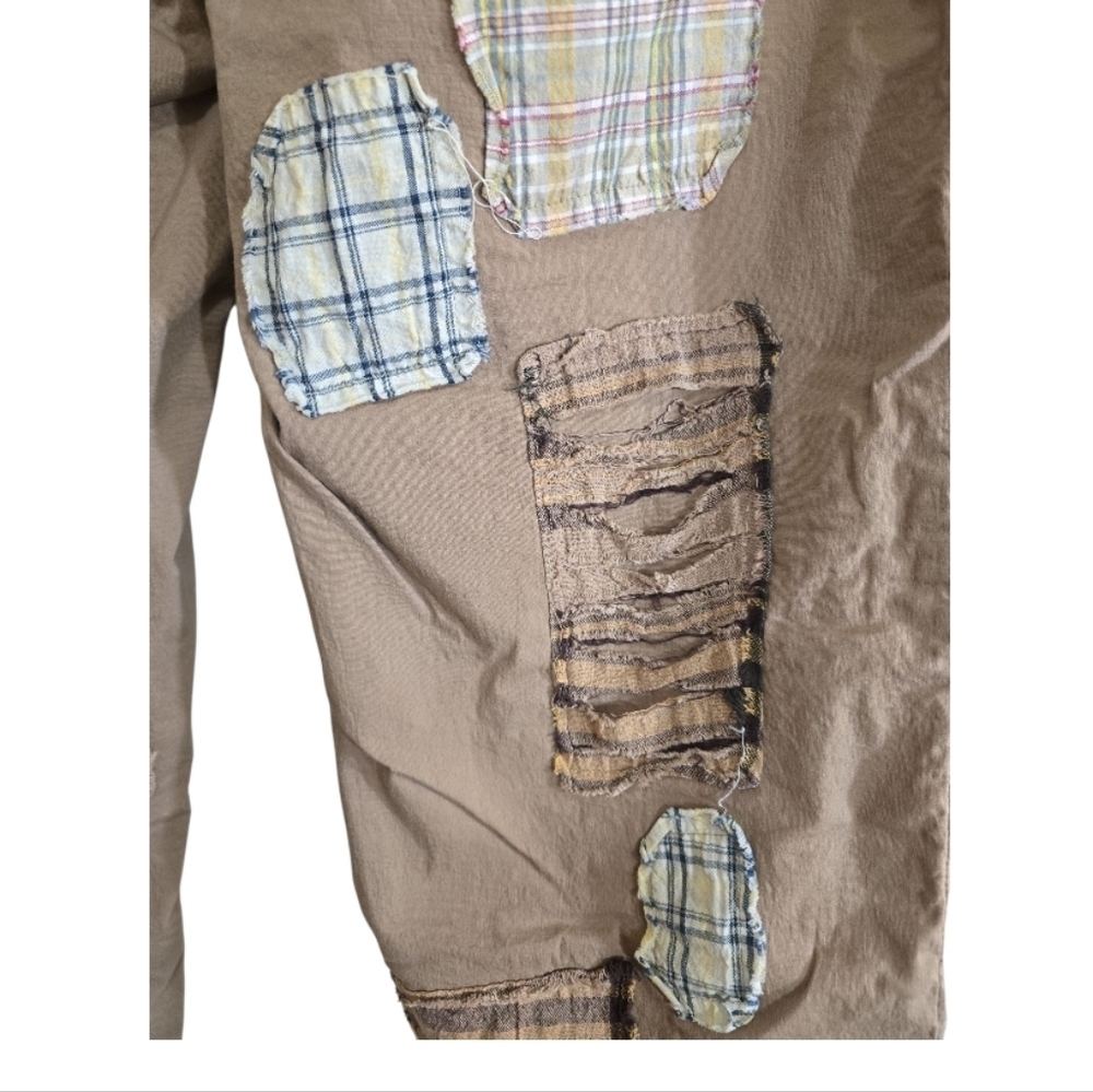 Jaded Gypsy Traveling On Pants Khaki with Plaid Patches L/XL Button Fly - Picture 5 of 7